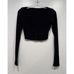 Alo Yoga Ribbed Whisper Cardigan Black Cropped Long Sleeve Button Front
